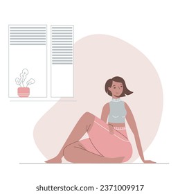 Cute cartoon young woman in yoga asana. Nice girl training at home. Vector illustration.