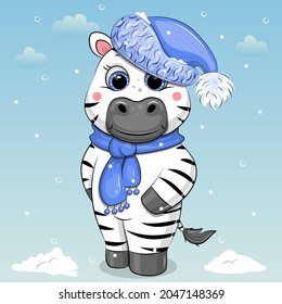Cute Cartoon Zebra in einem blauen Hut und Schal. Winter-Vektorgrafik von Tieren auf blauem Hintergrund mit Schnee.