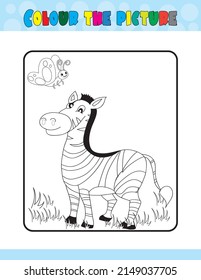 Cute cartoon zebra and butterfly. Black and white vector illustration for coloring book