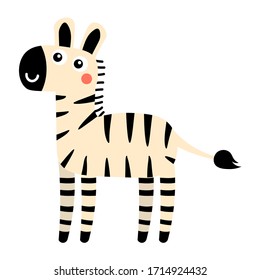 Cute cartoon zebra in childlike flat style isolated on white background. Vector illustration. 