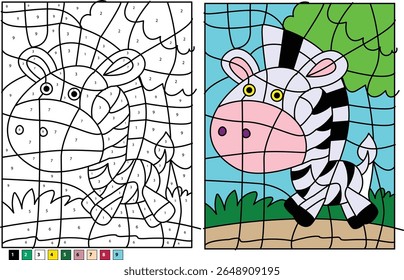 Cute cartoon zebra color by number activity. Educational game for children to learn numbers and colors, developing fine motor skills, creativity, and number recognition skills in a fun way.
