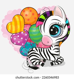 Cute Cartoon Zebra with colorful balloons