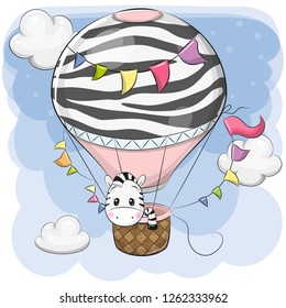 Cute Cartoon Zebra is flying on a hot air balloon