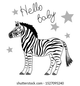 Cute cartoon zebra hand drawn in scandinavian style, invitation card for children, kids and party baby shower. Trendy African animal. Fabric, textile, nursery wallpaper. Vector illustration.
