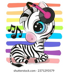 Cute cartoon Zebra with headphones on a striped background