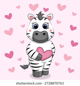 Cute cartoon Zebra with heart. Vector illustration of animal on pink background with hearts.