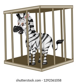 Cute Cartoon Zebra Inside Steel Cage. Animals in the Cage. Isolated on White Background