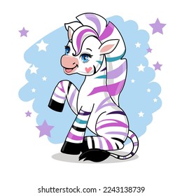 Cute cartoon zebra in multi-colored stripes on a white background isolated. Vector illustration like unicorn