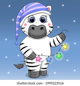 Cute cartoon zebra in night cap holds a star garland. Vector illustration of animal on dark blue background.