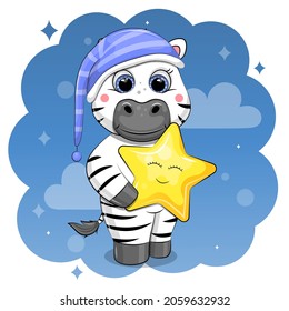 Cute cartoon zebra in a nightcap is holding a star. Vector illustration of an animal on a blue background with stars and clouds.