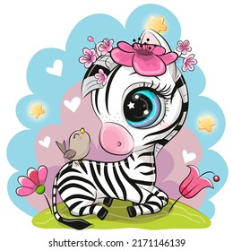 Cute cartoon zebra on the meadow