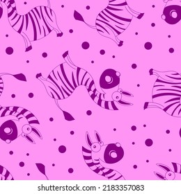 Cute cartoon zebra on pink background seamless pattern vector illustration.