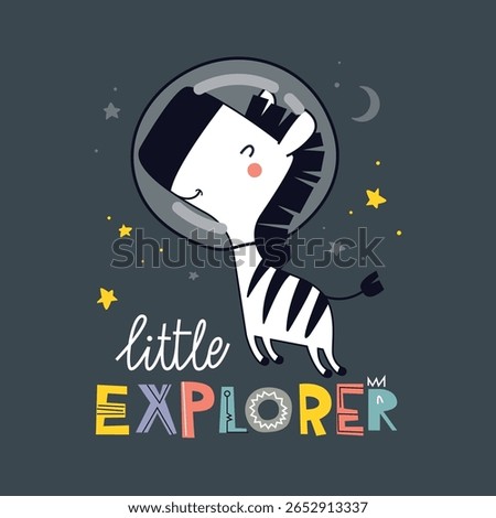 Cute cartoon zebra on space background with text little explorer. Vector illustration for textile, print, wall art or kids room decoration, tee print, cover, mug, stickers and more.