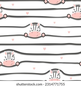 Cute cartoon zebra pattern. Seamless animal print for kids. Vector background