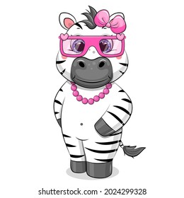 Cute cartoon zebra with pink glasses, necklace and hair bow. Vector illustration of an animal on a white background.