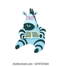 Cute cartoon zebra reading a book. Nice animal in glasses isolated on white background. Flat vector illustration.