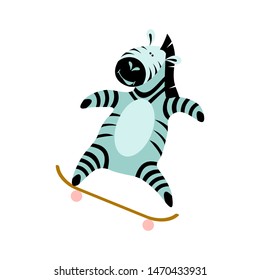 Cute cartoon zebra riding skateboard. Funny animal isolated on white background. Flat vector illustration.