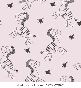 Cute cartoon zebra seamless pattern. Hand drawn vector illustration. Can be used for kids print, card.