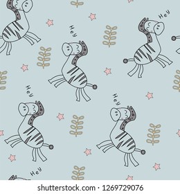 Cute cartoon zebra seamless pattern. Hand drawn vector illustration. Can be used for kids print, card.