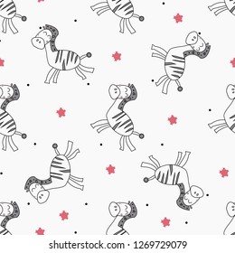 Cute cartoon zebra seamless pattern. Hand drawn vector illustration. Can be used for kids print, card.