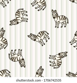Cute cartoon zebra seamless pattern. Kawaii safari animal background. Hand drawn kid motif illustration doodle in flat color on stripe backdrop. EPS 10.