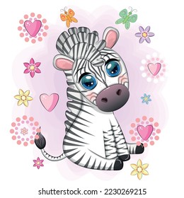 Cute cartoon zebra sits in flowers. Childish striped character, African animals.