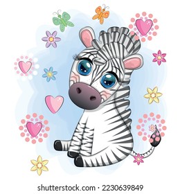 Cute cartoon zebra sits in flowers. Childish striped character, African animals.