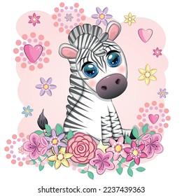 Cute cartoon zebra sits in flowers. Childish striped character, African animals.