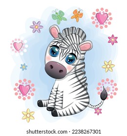 Cute cartoon zebra sits in flowers. Childish striped character, African animals.