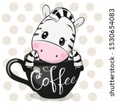 Cute Cartoon Zebra is sitting in a Cup of coffee
