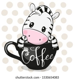 Cute Cartoon Zebra is sitting in a Cup of coffee