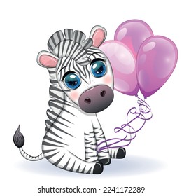Cute cartoon zebra is sitting and holding balloons. Children's striped character, holiday.