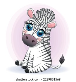 Cute cartoon zebra is sitting and waving its tail. Children's character