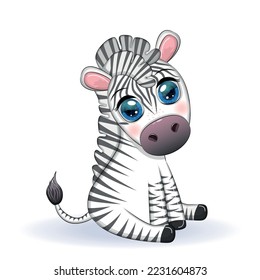 Cute cartoon zebra is sitting and waving its tail. Children's character.