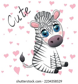 Cute cartoon zebra is sitting and waving its tail. Children's character.