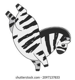 Cute cartoon zebra standing on its front legs. A funny striped zebra dancing breakdance and doing tricks in the circus. Vector clip art illustration in 2D. Hand-drawn simple style.