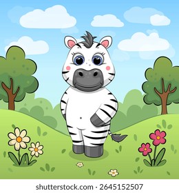 Cute cartoon Zebra stands in nature. Vector illustration of an animal with white and red flowers, green grass and trees.