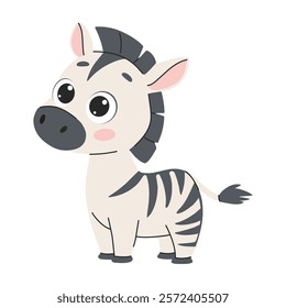 Cute cartoon zebra. Tropical and exotic animal, savanna and africa. Toy, mascot. Charming character for kids. Vector illustration isolated on white background.