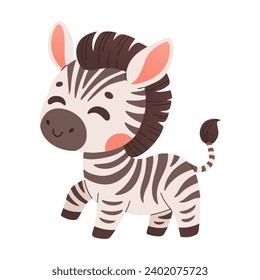 Cute cartoon zebra vector childish vector illustration in flat style. For poster, greeting card and baby design.