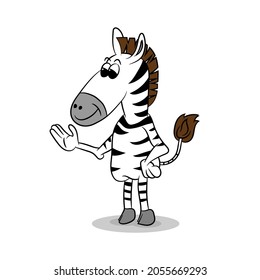 Cute cartoon zebra with a waving hand on a white background, vector illustration