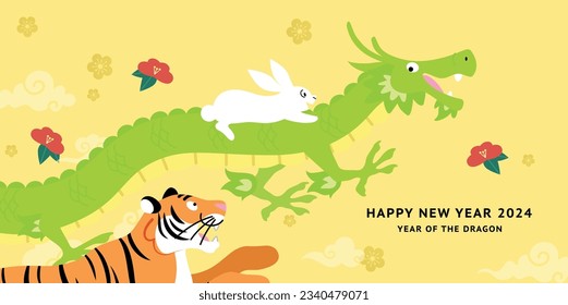 Cute cartoon zodiac animals card for year of the dragon. Zodiac dragon, rabbit and dragon, lunar new year 2024.