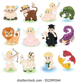 Cute cartoon zodiac design for a children's horoscope. Vector illustration.