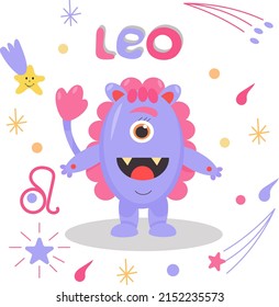 Cute cartoon zodiac monster Leo. Against the background of cosmic attributes, stars, shooting star, zodiac sign. Great print for kids clothes. Postcard for congratulations.
