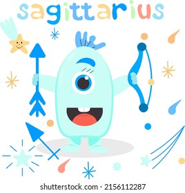 Cute cartoon zodiac monster Sagittarius. Against the background of cosmic attributes, stars, shooting star, zodiac sign. Great print for kids clothes. Postcard for congratulations.
