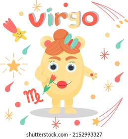 Cute cartoon zodiac monster Virgo. Against the background of cosmic attributes, stars, shooting star, zodiac sign. Great print for kids clothes. Postcard for congratulations.
