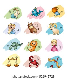 Cute cartoon zodiac signs, vector character zodiac, Horoscope, astrology