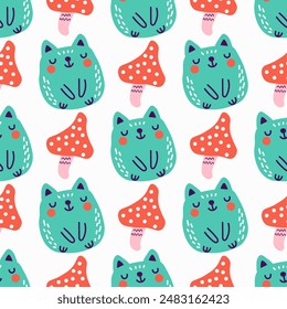 Cute cartoon zombie cat and fly agarics seamless pattern. Vector illustration isolated on white. Design for Halloween party, wrapping paper, textile, fabric.