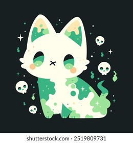 Bonito desenho animado gato zumbi no fundo escuro. Monstrinho assustador. Ilustração vetorial. Noite de Halloween. Caractere Kawaii para cartão de saudação de design, banner, cartaz