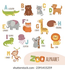 Cute cartoon zoo alphabet for kids. English alphabet with funny animals. Vector illustration