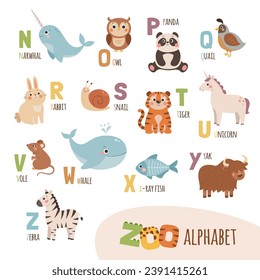 Cute cartoon zoo alphabet for kids. English alphabet with funny animals. Vector illustration